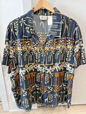 Mens Black Giraffe Hawaiian cape cod Shirt 3X, tall Half sleeves VTG grunge